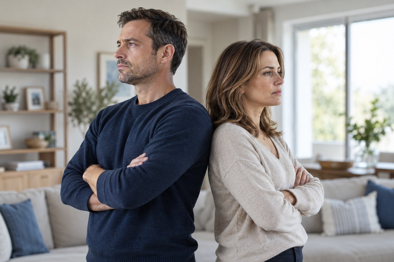 A couple standing back to back with their arms crossed
