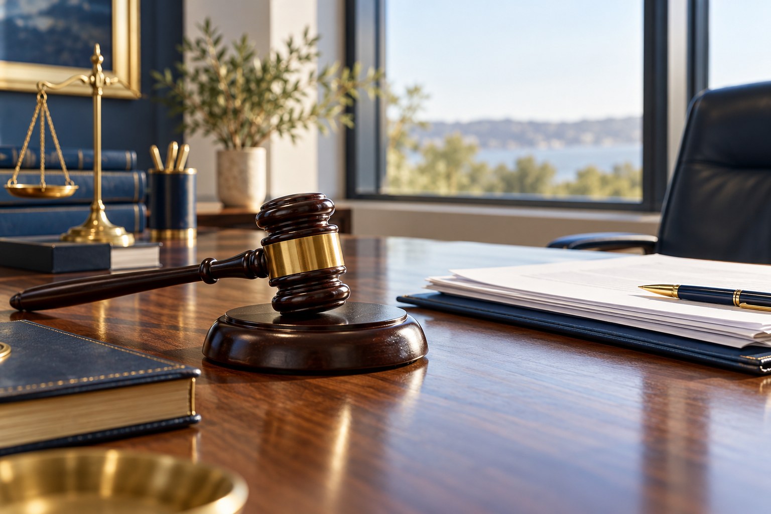 A wooden gavel and legal papers on a desk