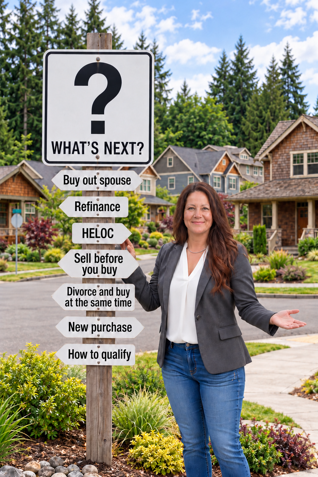 Dawn Robbins beside signs for buyout, refinance, HELOC, and new home purchase options